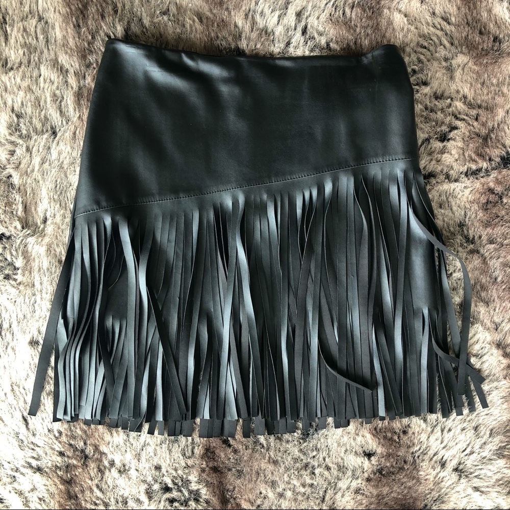 Fringed black faux leather (Pleather) miniskirt